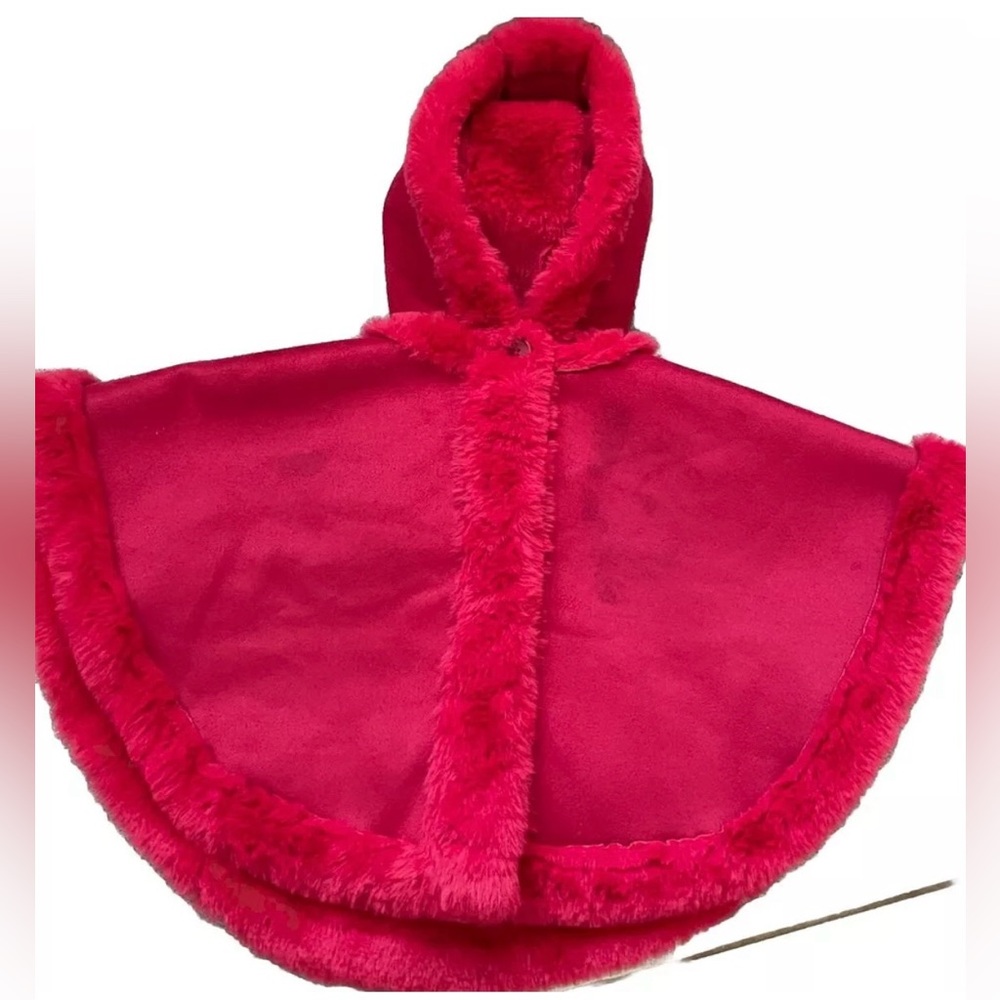 first impressions baby girl Cherry Red Hooded Poncho  Faux Fur 3-6 Months